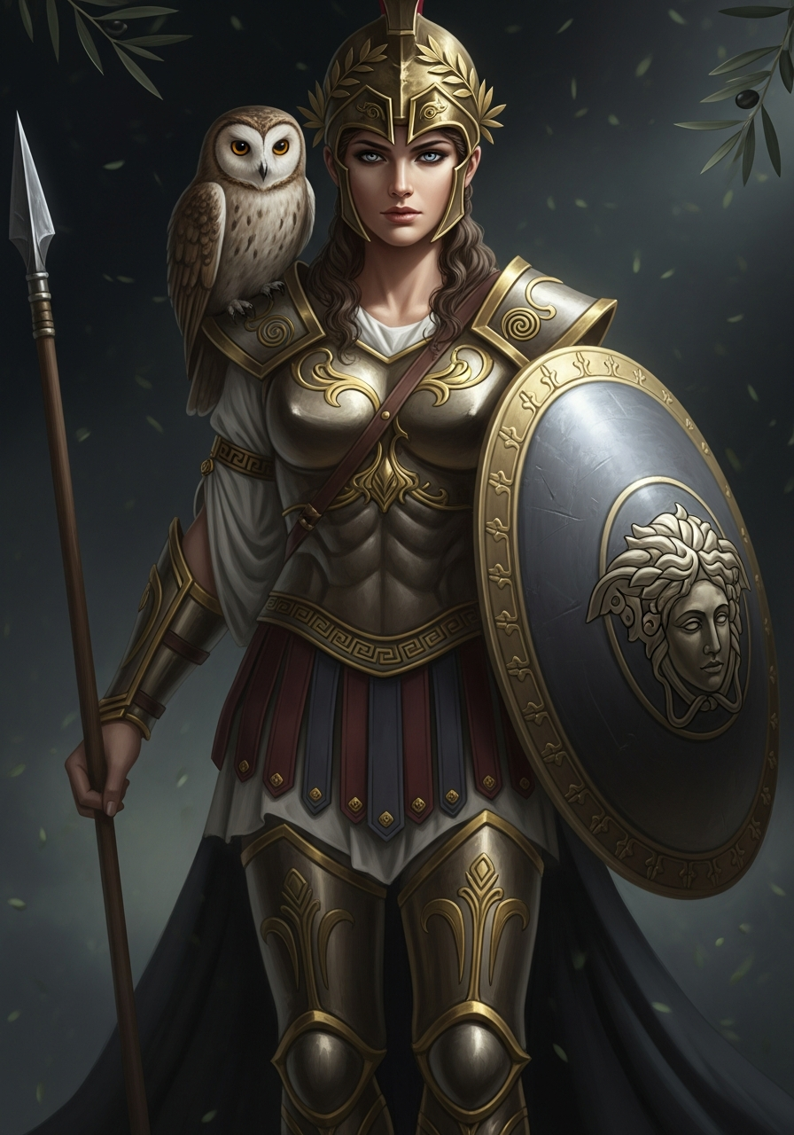 Athena goddess of wisdom wearing Greek armor with owl and shield