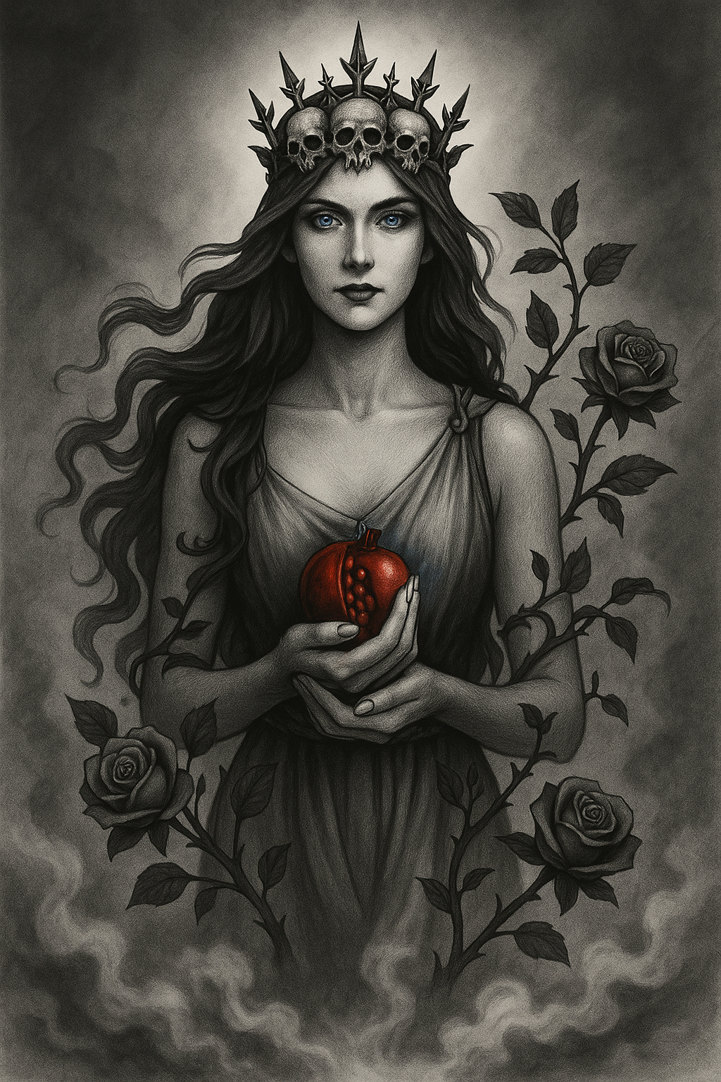 Persephone wearing a skull crown, holding a pomegranate, surrounded by black roses